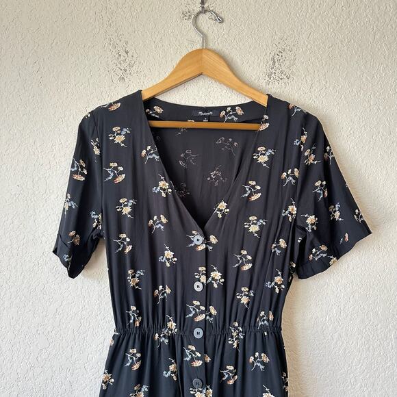 MADEWELL Button Front Day Romper Black Daisies V-Neck SS Boho Peasant - Picture 4 of 13
